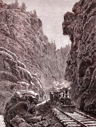 コロラド山脈を横断する列車。1886年のアメリカ（エングレーヴィング） 作： Unbekannter Künstler