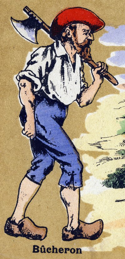 斧で木を切るために去る木こり。イラスト入りのアルファベット。20世紀初頭、ジャーヴィル＝ナンシーで再会したイメージャー。寸法：40 x 29 cm。ビストル地にリトグラフ 作： Unbekannt