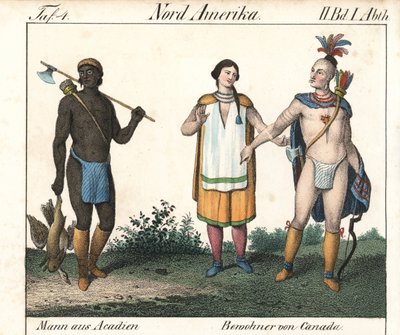 刺青を入れたアケイディア人の男性とカナダ先住民のインディアンのカップル。本のためのリトグラフ：Friedrich Wilhelm Goedsche (1785-1863)作 "Galerie complete en tableaux fideles des peuples d