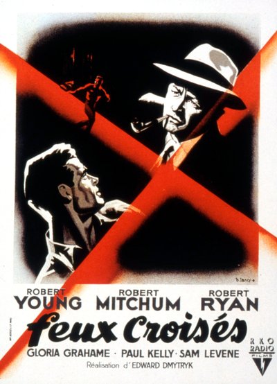 ロバート・ヤング、ロバート・ミッチャム、ロバート・ライアン出演のEdwarddMytryk監督の映画「クロスファイア」のポスター 1947年 作： Unbekannt