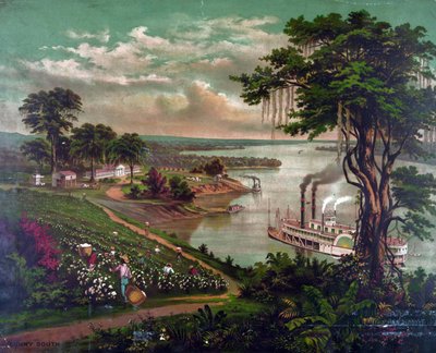 ミシシッピ川沿いのプランテーションで綿花を摘むアフリカ系アメリカ人（1883年頃）。左が農園、右が労働者の小屋。中央に綿俵を積み込むための桟橋。パドル蒸気船川農業繊維風景アメリカ 作： Unbekannter Künstler