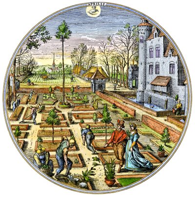 農業：1590年頃、春先のヨーロッパ菜園でのガーデニング 16世紀のカラー版画 作： Unbekannter Künstler