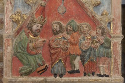 祭壇画。ポリクローム・ストーン。14世紀後半の作品。起源はトーレ・デ・リアルブの旧教区教会。詳細。中央のレジスター。左パネル。上段：聖人イスクルとヴィクトリアと役人たち。 作： Unbekannt