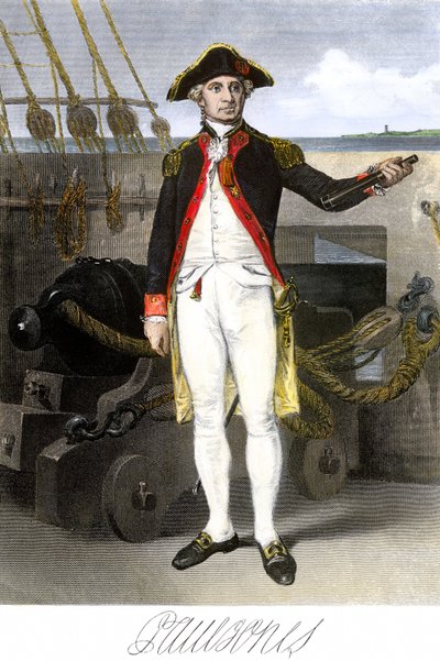 アメリカ海軍ジョン・ポール・ジョーンズ（1747-1791）水兵、アメリカ合衆国独立戦争の英雄。サイン入りカラー・エングレーヴィング。 作： Unbekannter Künstler