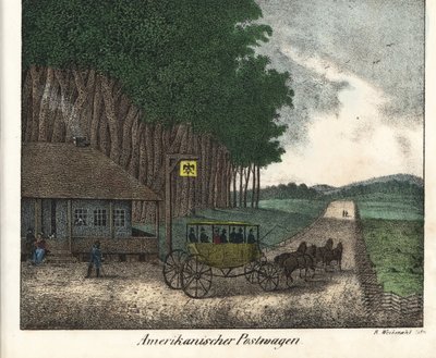 アメリカの郵便局と勤勉さ本のためのリトグラフ：Friedrich Wilhelm Goedsche (1785-1863)作 "Galerie complete en tableaux fideles des peuples d