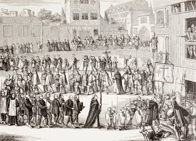 15世紀にスペインで行われた「オート・ダ・フェ（信仰の誓い）」の行列（1880年頃にロンドンで出版されたPaul Lacroix著「Military and Religious Life in Middle Ages」に掲載された版画に基づく 作： Unknown
