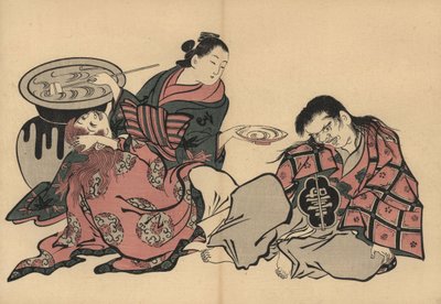 大きな花瓶の酒で二人の猩々をもてなす花魁。奥村政信（1686-1764）の木版画『風俗絵巻物』（東京、1880年頃の復刻版）。 作： Unbekannter Künstler