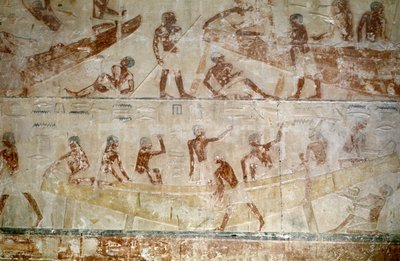 古代エジプト: サッカラ (またはサッカラまたはサッカラ): 旧帝国のネクロポリス、貴族の墓。 船の建造を表すレリーフのディテール。 作： Leopold Blonder