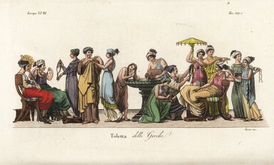 古代ギリシアの女性たちのトイレ：水盤で髪を洗い、服を試着し、髪を整え、首飾りを鑑賞するなど。 作： Unbekannt