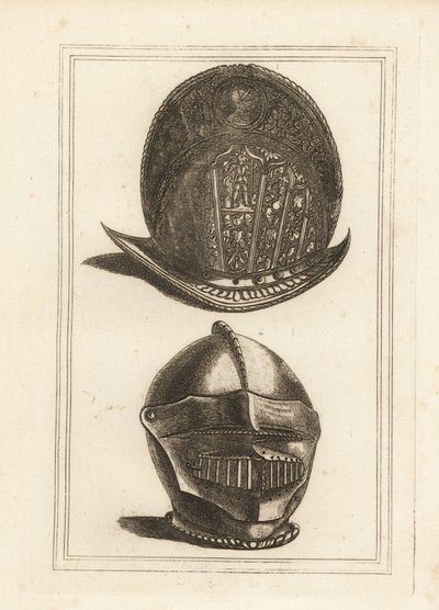 戦利品の装飾が施された古代ヴェネチアのモリオンヘルメットと、ロンドン塔にあったバイザーと飲料が一体化したブルゴネットヘルメット 作： Unbekannt