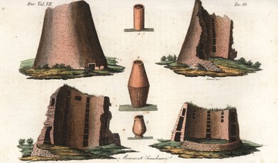 スカンジナビアに近いドイツの地方から出土した古代ヴァイキングのモニュメントと、デンマークとスウェーデンの墓から採取された骨壷の数々。ジュリオ・フェラーリオの『世界の民族の古今の衣装』より、ジアーレとスタンギによる手彩色銅版画。 作： Unbekannter Künstler