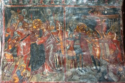 古代のフレスコ画、壁画、ユダの口づけ、イエスの磔刑、パナギア・ソティラス教会、ギリシャ正教会、ルースティカ、クレタ島、ギリシャ、ヨーロッパ 作： Unbekannt