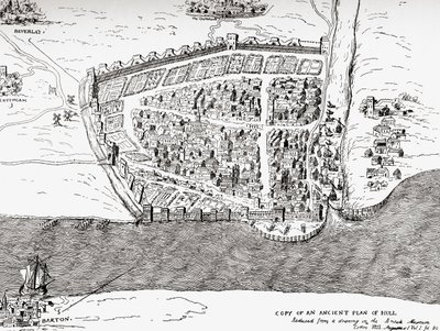 イングランド、イースト・ライディング・オブ・ヨークシャー、キングストン・アポン・ハルの古代の平面図（1900年頃発行のPicturesque History of Yorkshireより 作： Unknown