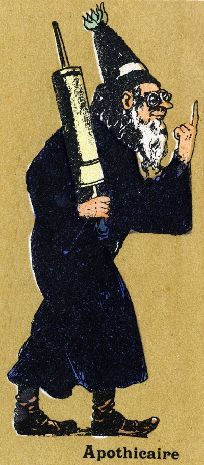 クライステールのある薬屋さん。イラスト入りのアルファベット。20世紀初頭、ジャーヴィル＝ナンシーで再会したイメジェリー。寸法：40 x 29 cm。ビストルの背景にリトグラフ 作： Unbekannt