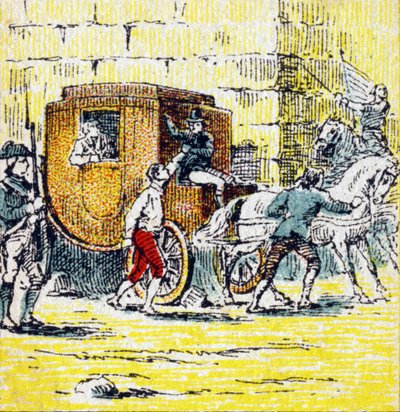 1791年6月21日、ヴァレンヌでルイ16世と逃亡中の家族が逮捕される。Histoire de France」に掲載されたエングレーヴィング。1920年頃、Eysines-a-Bordeaux通り24番地のLouit社のために発行された一連の広告画像。画像全体のサイズ：7.8x5.5cm。 作： Unbekannt