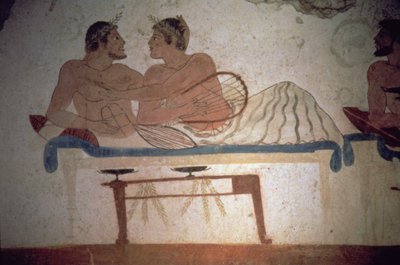 故人が出席した宴会、ダイバーの墓の絵の詳細、紀元前480年頃（壁画）（詳細については、112063を参照） 作： Unbekannter Künstler