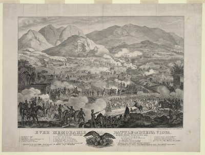ブエナビスタの戦い（Battle of Buena Vista）別名：アンゴスチュラの戦い（Battle of Angostura）ザカリー・テイラー将軍の部隊がアントニオ・ロペス・デ・サンタ・アンナ将軍の退却を余儀なくされる（2月23日）。 作： Unbekannt