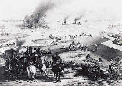 ハンプトン・ローズの戦い」または「アイアンクラッドの戦い」のUSSモニターとCSSバージニア（右）、3月9日 作： William M. Timlin