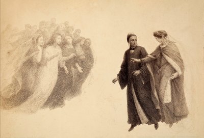 楽園の天空で、ダンテに魂の集団を示すベアトリーチェ。ダンテ・アリギエーリの『神曲』パラディソのカントIIIの挿絵。フランチェッソ・スカラムッツァがフィレンツェ市に捧げた作品。 作： Unbekannter Künstler
