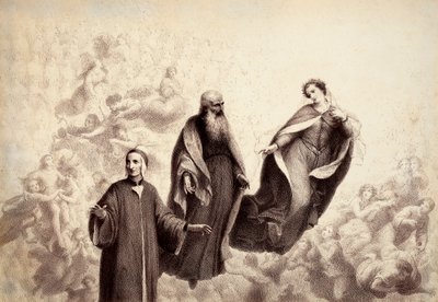 ベアトリーチェがダンテから離れ、その傍らに聖ベルナルドが現れる。ダンテ・アリギエーリ作『神曲』パラディソのカントXXXIの挿絵。フランチェスコ・スカラムッツァがフィレンツェ市に捧げた作品。 作： Unbekannter Künstler