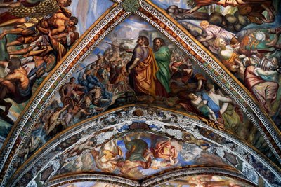 イタリア、シチリア島、エオリア諸島のリパリにある聖バルトロメオ大聖堂の丸天井に描かれた聖書の場面のフレスコ画（18世紀）（2000年、ユネスコ世界遺産登録）。 作： Benjamin Baud