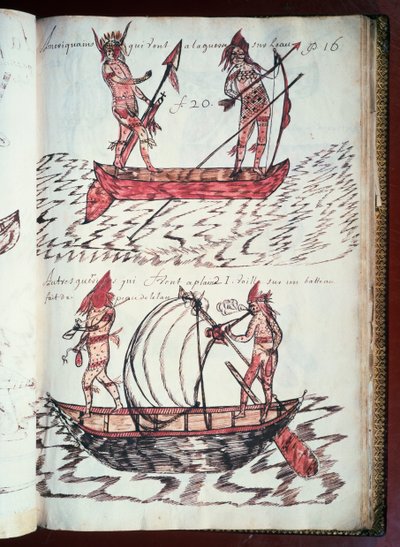 フランスのルイ・ニコラによる羊皮紙に書かれた写本「Codex Canadensis」（1664-1675年）の1ページ「インディアンのボート 作： William M. Timlin