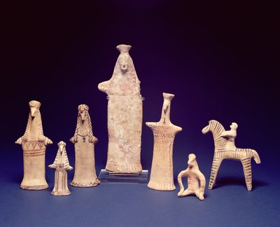 ボイオティア群。立っている人、しゃがんでいる人、騎手 前600～550年頃（彩色済みテラコッタ 作： Unbekannt