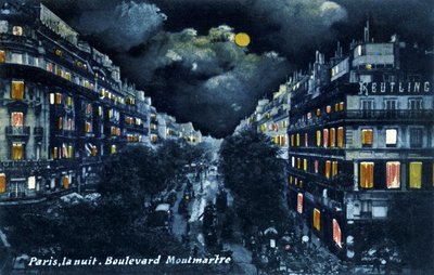 夜のモンマルトル大通り、パリ、1900年頃。 作： Unbekannter Künstler