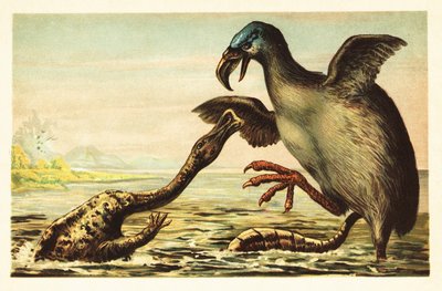 ハドロサウルスと戦うブロントルニス。 1908年（リトグラフ） 作： Unbekannter Künstler