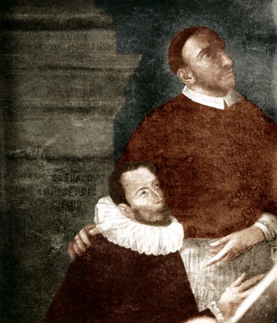 ヴェノーザ公カルロ・ジェズアルド。 1560-1613。 叔父のカルロ・ボロメオと一緒に絵を描いています。 ジェズアルドはひざまずく姿。 絵画は、サンタ マリア デッレ グラツィエ教会 (カプチン修道会修道院) のジェズアルドに飾られています。 Giova による 1609 年の祭壇画と思われる 作： Unbekannter Künstler