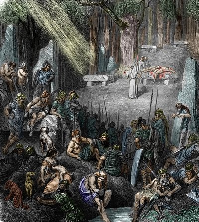 ケルトの古代: 「森の中の家族や戦士の存在下でドルイド僧が議長を務める儀式中の人身御供」 (ガリアの宗教、森の中の家族や戦士の前でドルイド僧が議長を務める儀式中の人身御供) 彫刻 f 作： Leopold Blonder
