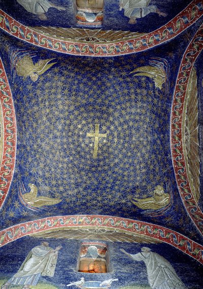 星空に浮かぶ黄金の十字架と使徒の属性を描いた中央穹窿（モザイク） 5世紀 作： Unbekannt
