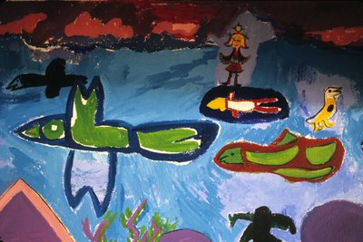 鳥、魚、動物、キャラクターを描いた子供の絵、十字架のルースの学校、サン・ブリュー（サン・ブリュー）。 作： Unbekannt