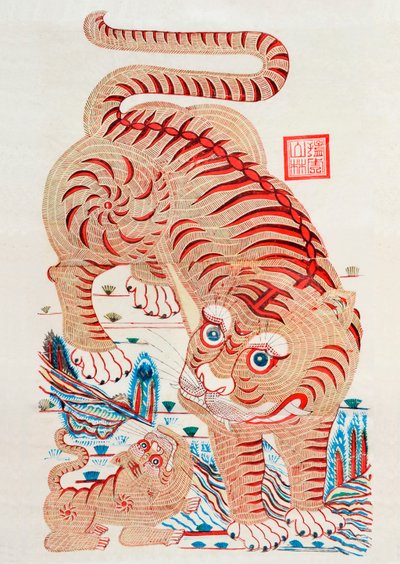 虎の中国版木版画（カラー木版画 作： Unbekannt