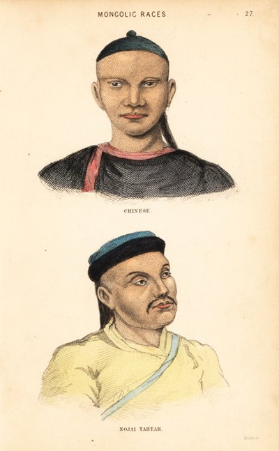 ノガイ族の中国人とタタール人。モンゴルの人種。チャールズ・ハミルトン・スミスの『人類博物誌』の挿絵をもとにリザースが手彩色したスチール・エングレーヴィング。 作： Unbekannter Künstler