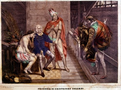 1500年、スペインに戻るクリストファー・コロンブス（コロンボ）の鎖 - 1861年イタリア製エングレーヴィング 作： Unbekannter Künstler