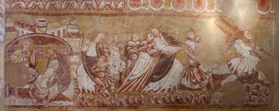 教会（Église Saint-Martin）。内部の様子。壁画（フレスコ画）。聖歌隊の北壁。詳細。キリストの逮捕、足の洗浄。12世紀の作品。 作： Unbekannt
