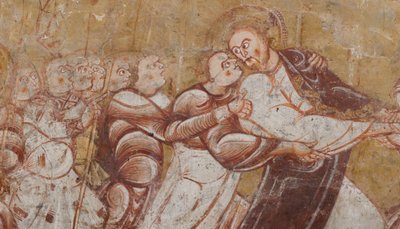教会（Église Saint-Martin）。内部の様子。壁画（フレスコ画）。聖歌隊の北壁。詳細。キリストの逮捕。12世紀の作品。 作： Unbekannt