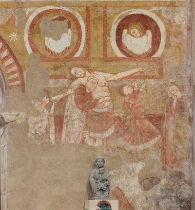 教会（Église Saint-Martin）。内部の様子。壁画（フレスコ画）。身廊の西壁。詳細。十字架の下降。12世紀の作品。 作： Unbekannt