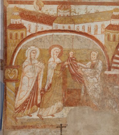 教会（Église Saint-Martin）。内部の様子。壁画（フレスコ画）。身廊の西壁。詳細。神殿でのプレゼンテーション。12世紀のもの。 作： Unbekannt