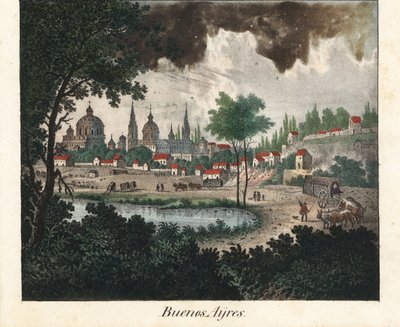 ブエノスアイレス（アルゼンチン）の街並み。フリードリッヒ・ヴィルヘルム・ゲーデッシュ（1785-1863）著「Galerie complete en tableaux fideles des peuples d