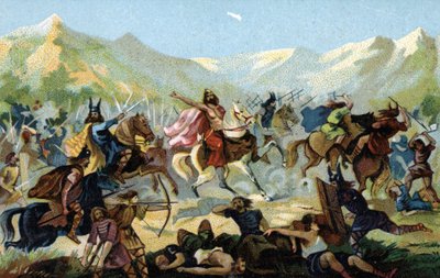 フランク王国の王クロヴィス1世（466-511）は、496年のトルビアックの戦いでゲルマン民族のアラマン族と戦い、勝利した場合には改宗することを誓った。19世紀末（クロモリトグラフ） 作： Unbekannter Künstler