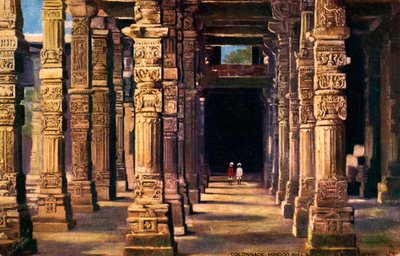 ヒンズー教の彫刻が施された列柱、クトゥブ・ミナール、20 世紀初頭 (版画) 作： Unbekannter Künstler