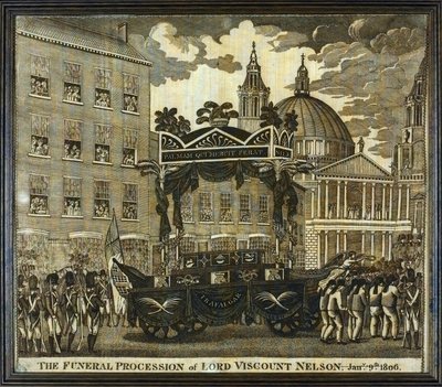 ホレイショ・ネルソン子爵（1758-1805）の葬列、1月9日」と記された記念ハンカチ。 作： Unbekannter Künstler