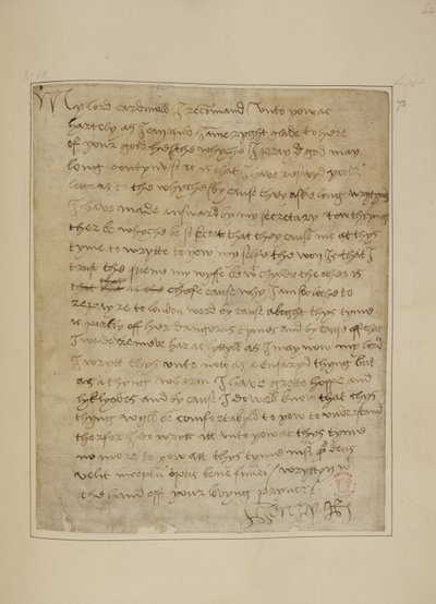 Cotton MS Vespasian F iii fol.73 Henry VIII から Thomas Wolsey への手紙、1518 年 6 月 (紙にペンとインク) 作： Unbekannter Künstler