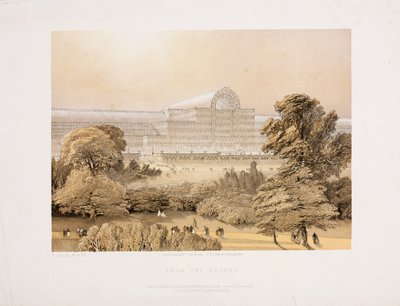 クリスタルパレス、大博覧会後のバラ園からのクリスタルパレス、1855年頃 作： Unbekannter Künstler