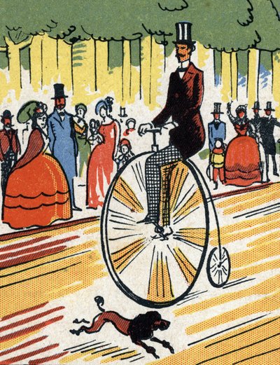 大きなバイクに乗るサイクリスト、1900～1920年頃（クロモリトグラフィー） 作： Unbekannter Künstler