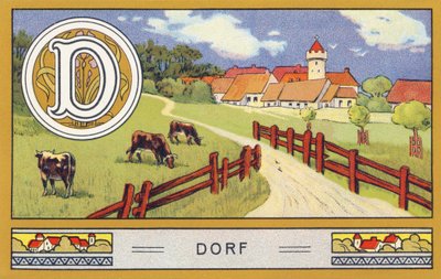 D: Dorf - Alphabet Palmin.H. Schlinck & Cie, Hamburg, n.d.で出版された一連のクロモリトグラフ。Palmin feinstes Cocosfettの広告です。サイズ : 7 x 11 cm 作： William M. Timlin