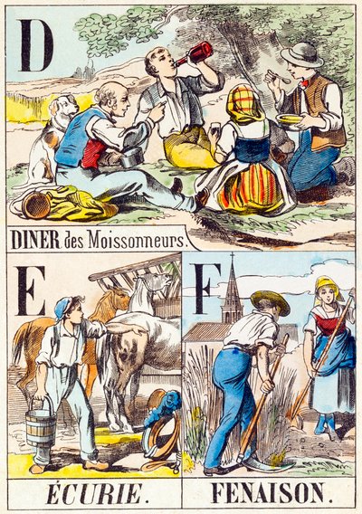 D E F : Diner des moissonneurs, Ecurie, Fenaison - "Alphabet of the farm" 19世紀末 (carving) 作： Unbekannt