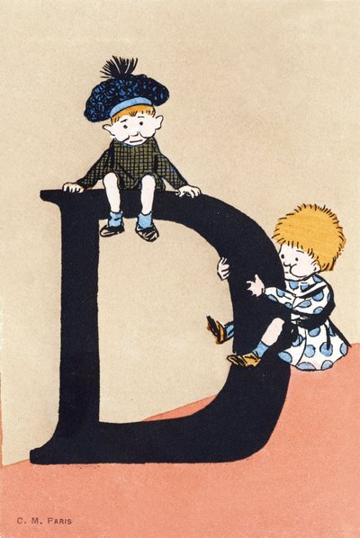 D is for two, go down - 子供たちのアルファベット。C.M. editeur, Paris.手描きのポストカード、1904年のフランが付いています。サイズ : 14 x 9 cm 作： Unbekannt